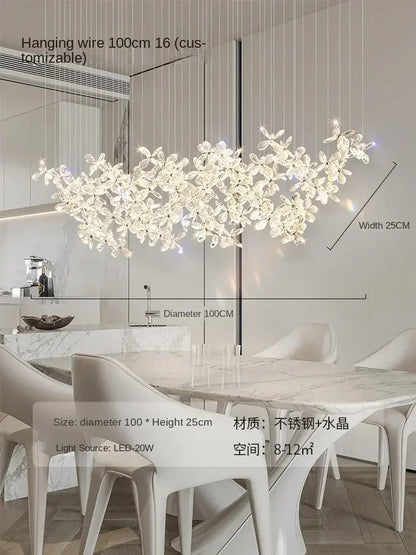 Elegant 100cm decorbites crystal led chandelier with modern floral design and stainless steel wires for dining room decor