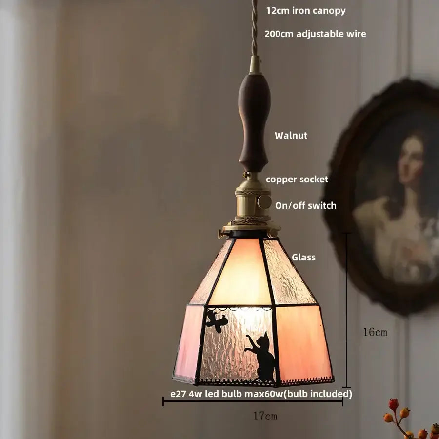 Modern flower white and amber clear glass led pendant light with warm-toned stained glass and walnut-finished canopy