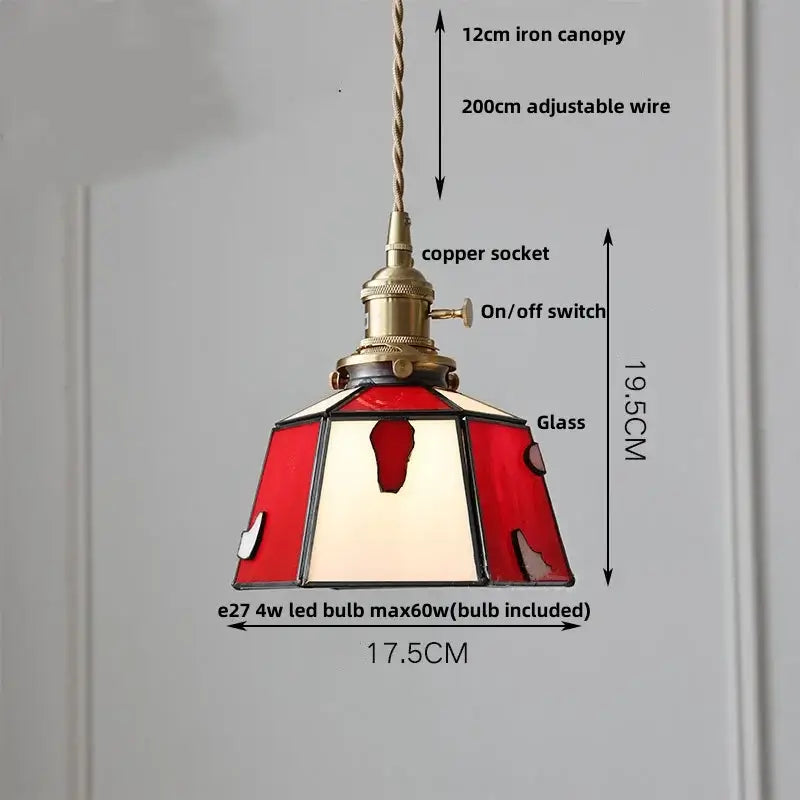 Modern flower white and amber clear glass led pendant light with red and cream stained glass and brass copper socket