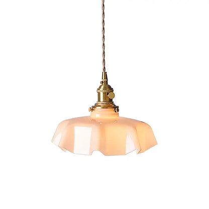 Modern fluted cream glass pendant lights with warm peach glass pendant shade and brass hardware for dining room