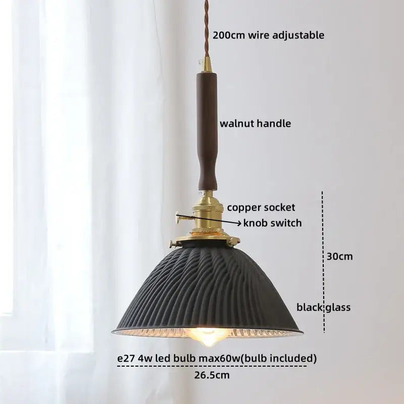 Black ribbed glass pendant light with walnut handle and brass copper socket perfect for decorbites led walnut copper lighting