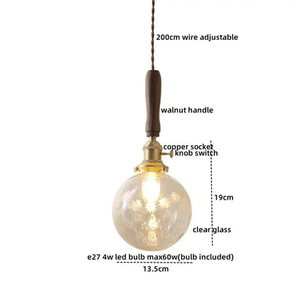 Vintage-style pendant light with clear glass floral etchings, 200cm adjustable wire, walnut handle for decorbites led walnut copper