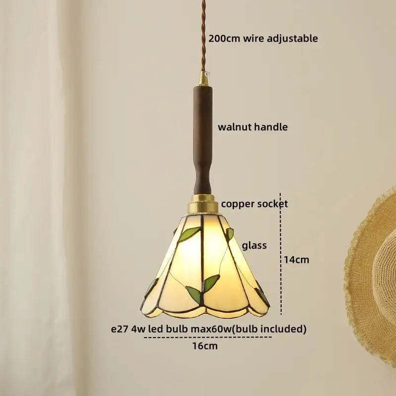 Modern fluted yellow glass pendant light with warm amber leaf motifs featuring led walnut copper handle and socket
