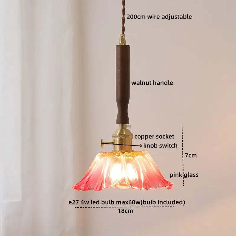 Delicate pink glass pendant light with walnut handle and copper socket for decorbites led walnut copper lighting