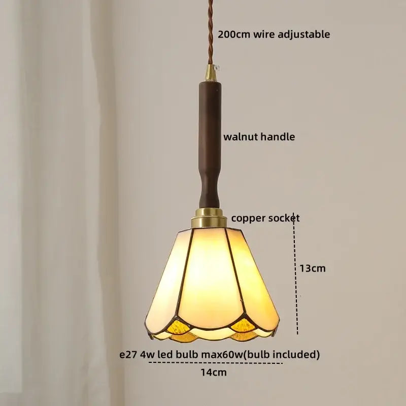 A modern fluted yellow glass pendant light with a walnut handle and led walnut copper socket for dining room decorbites