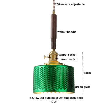 Green glass pendant light with walnut handle and copper socket complementing decorbites led walnut copper design
