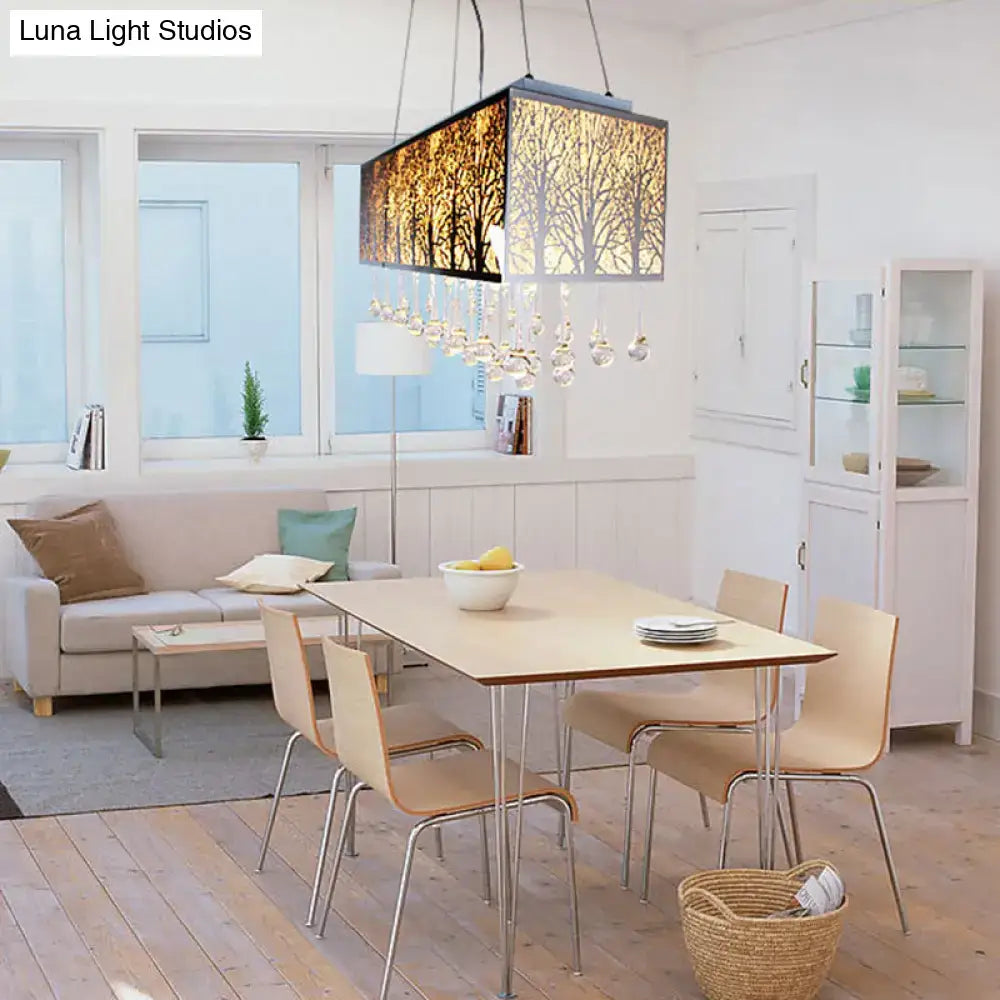 Rectangular island light with golden tree silhouette and hanging waterdrop crystal droplets compatible with 220v-240v 110v-120v