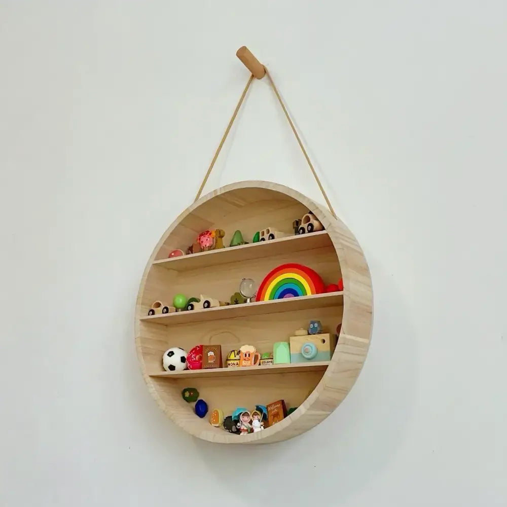 Modern four tier circular wooden frame living room wall shelf in light wood with three shelves and hanging rope attachment
