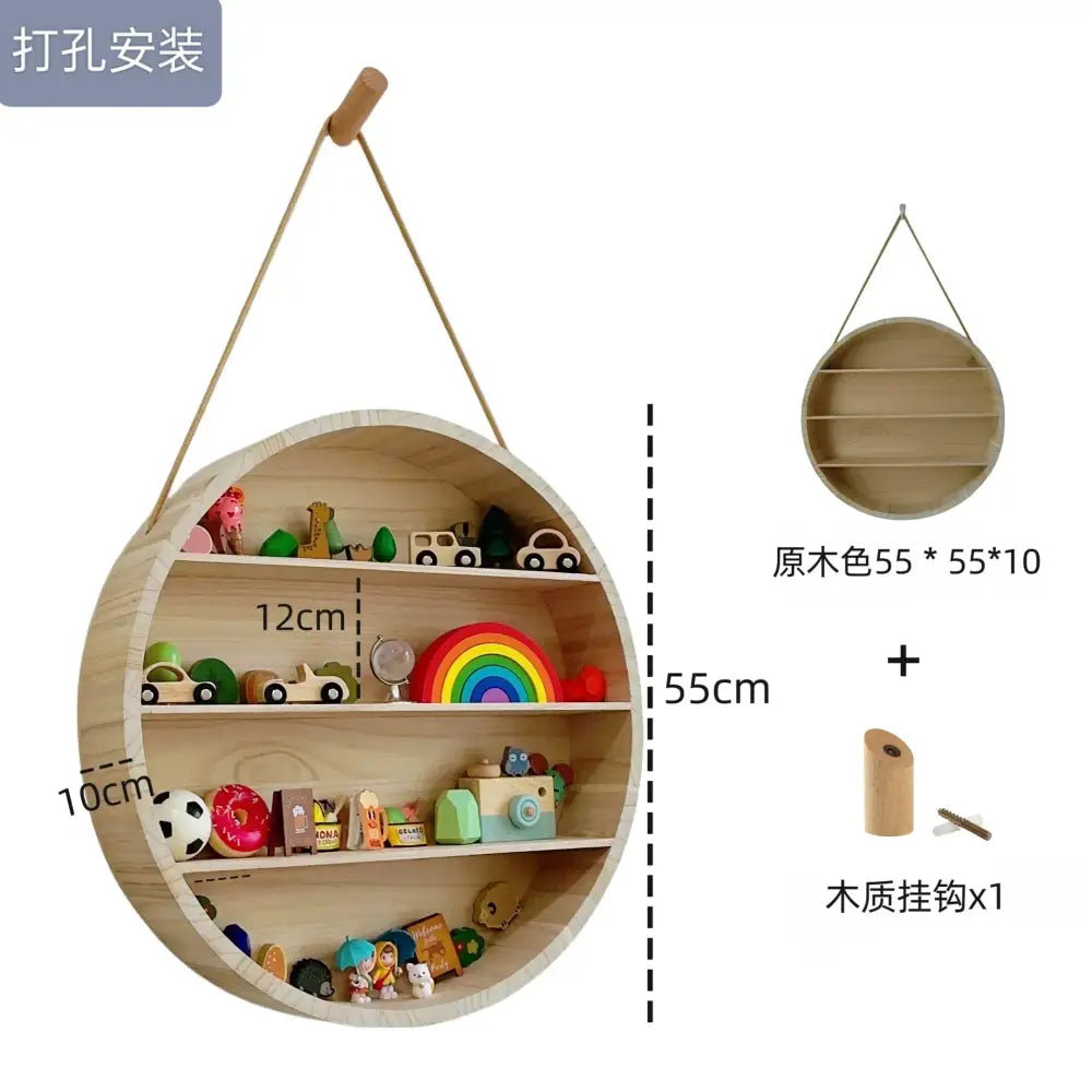 Modern four tier circular wooden frame living room wall shelf with natural wood finish and rope suspension system