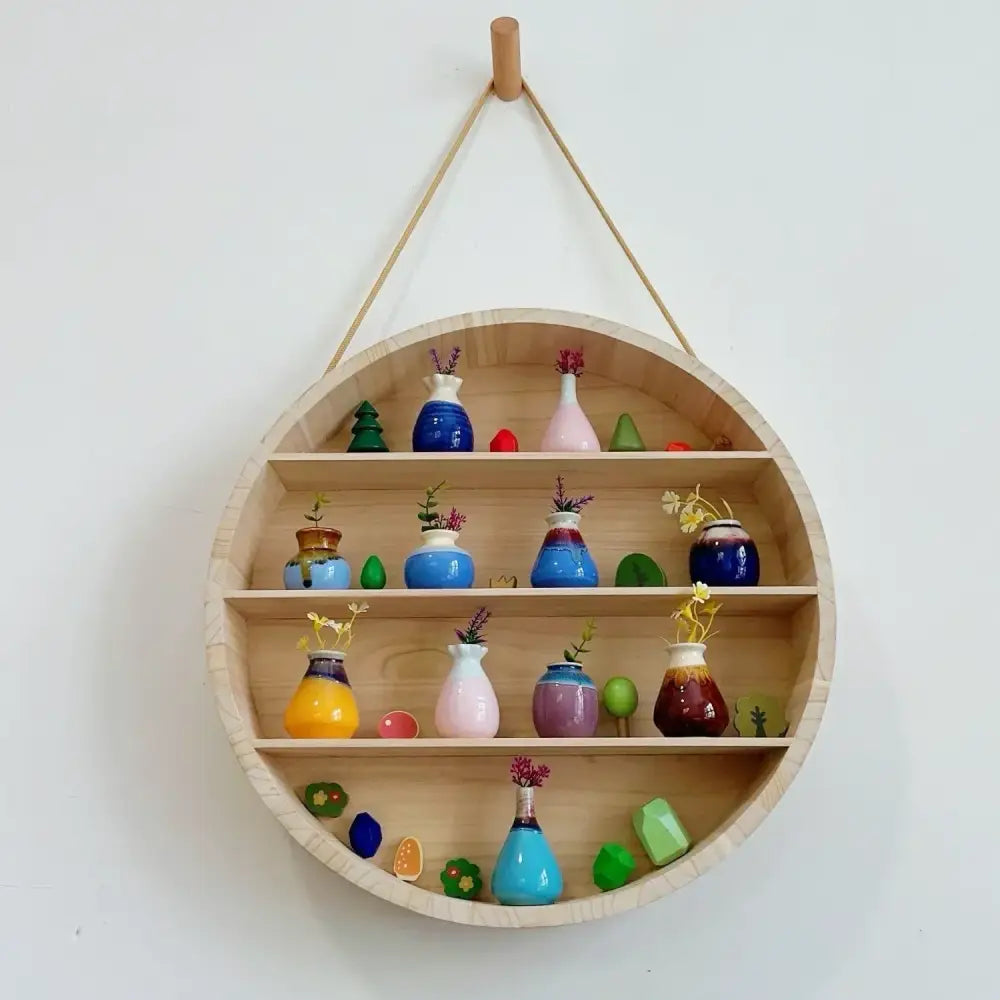 Modern four tier circular wooden frame shelf with colorful ceramic vases for living room wall decor