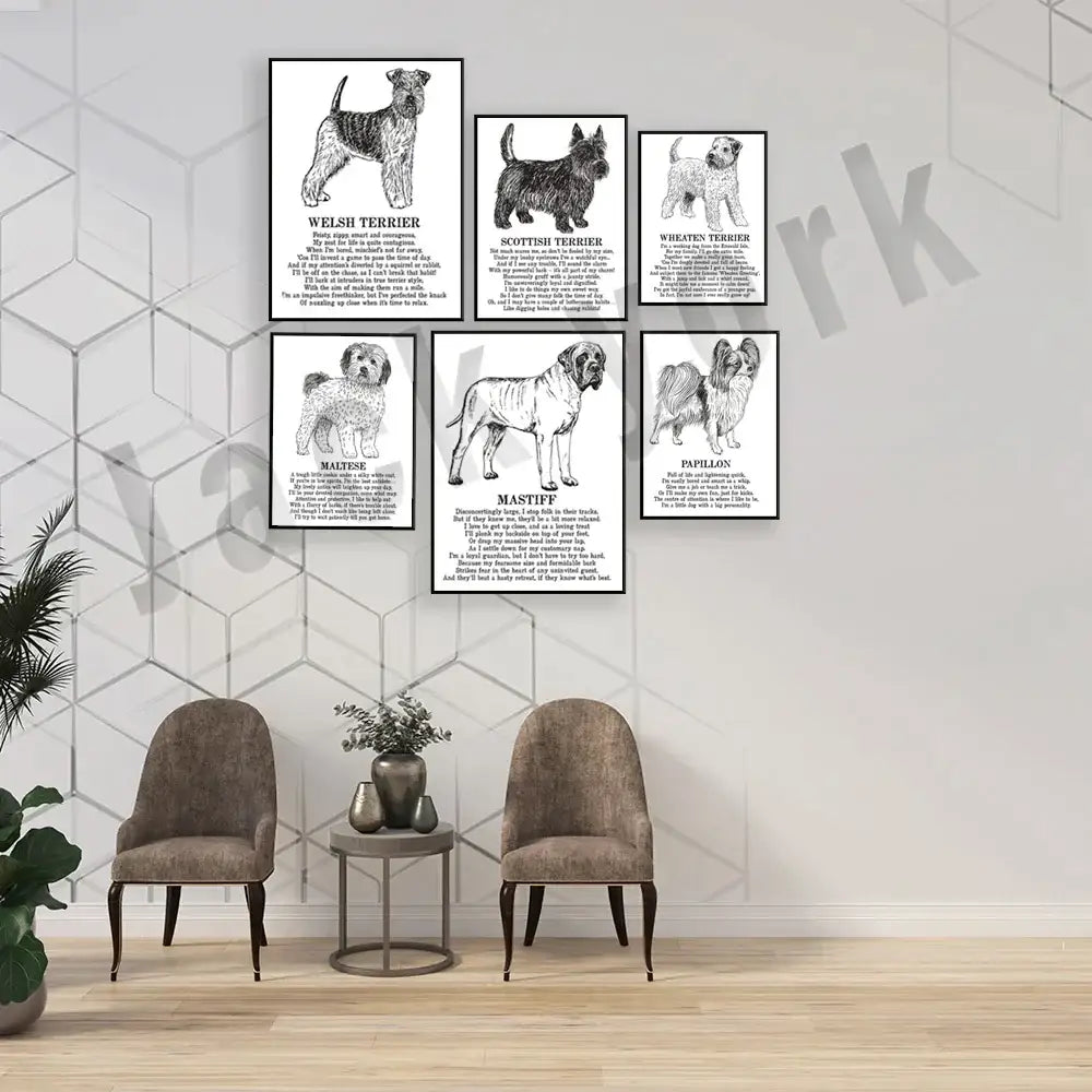 Set of six modern framed black and white dog breed posters by decorbites for bedroom wall decor and dog breed poster collection