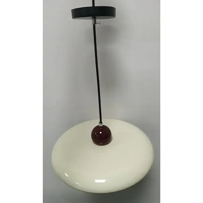 Modern french cream metal pendant light with glossy ceramic shade and red accent for dining room use