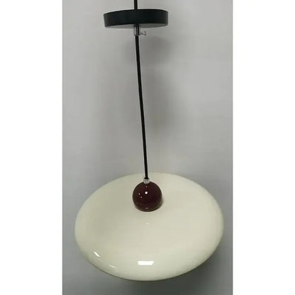 Modern french cream metal pendant light with glossy ceramic shade and red accent for dining room use