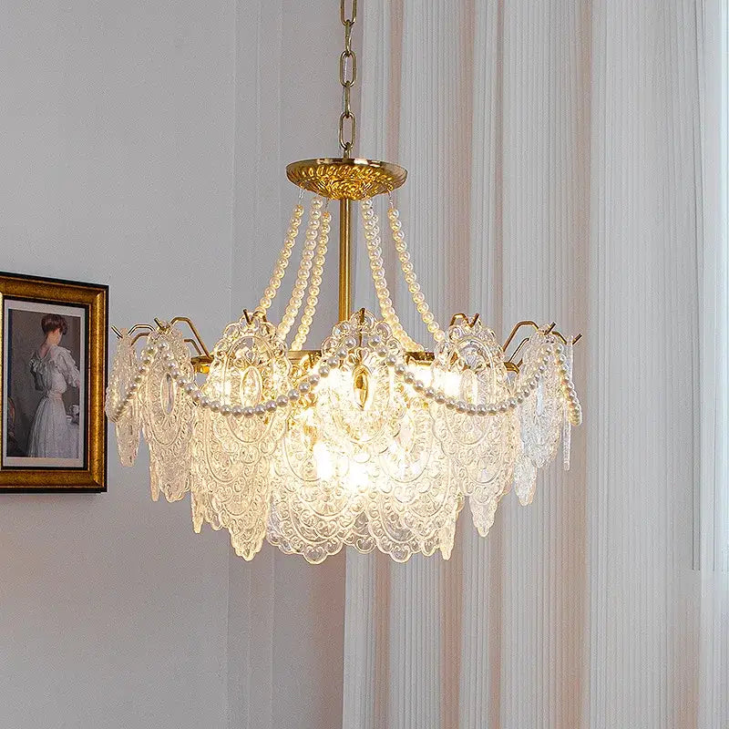 Modern french gold and clear glass led chandelier with intricate lace-like glass panels and pearl strands for living room decorbites clear glass