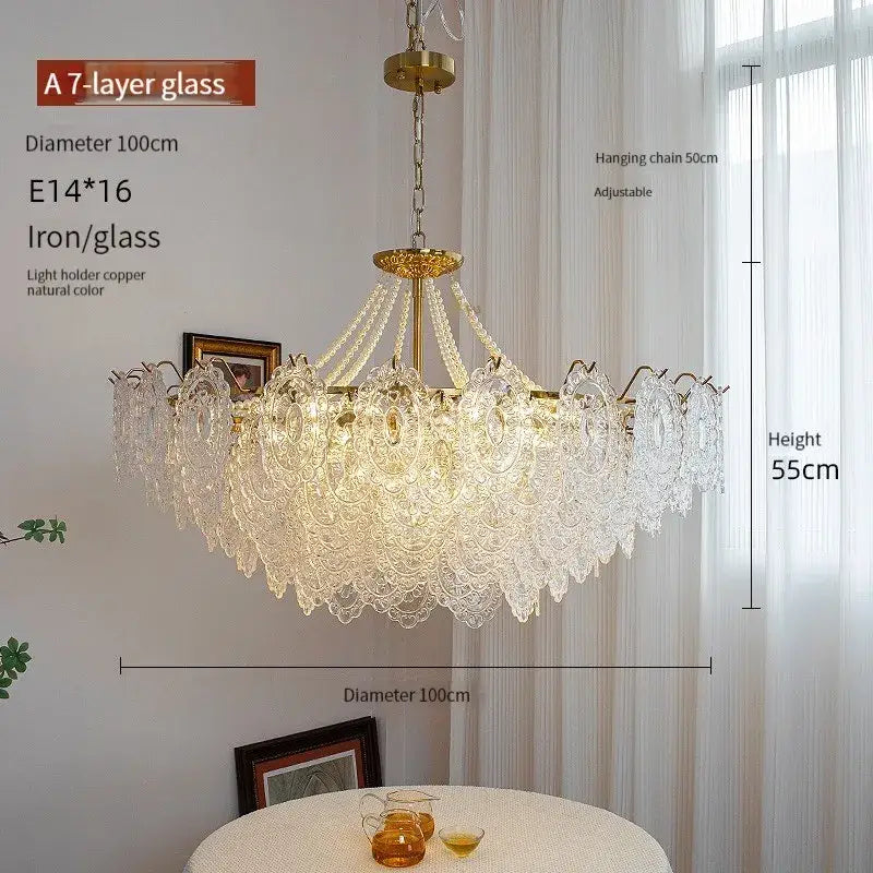 Modern french gold and clear glass led chandelier with 7-layer lace-like crystal tiers and brass-finished iron frame for living room decorbites clear glass lighting