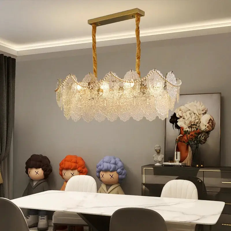 Modern french gold and clear glass led chandelier with scalloped crystal shade and twisted rope cords for living room decorbites clear glass