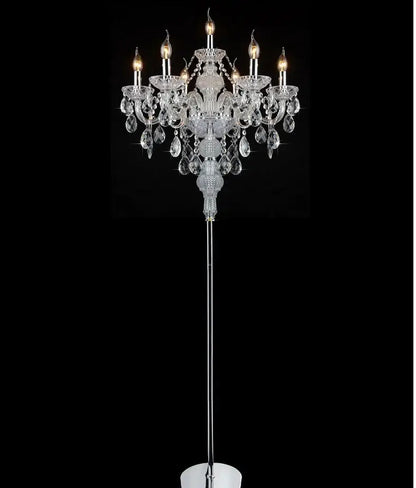 Modern french gold crystal floor lamp with lit candle bulbs and dangling teardrop crystals for elegant decorbites crystal floor use