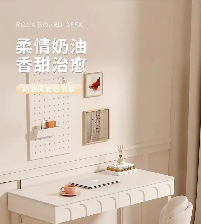 Modern french style cream wind rock board desk with sleek design and subtle curved edges for bedroom writing