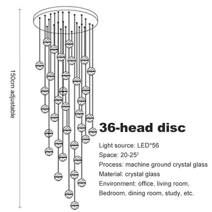 Modern frosted crystal ball chandelier pendant light with 36 machine ground crystal glass discs and sleek cascading design