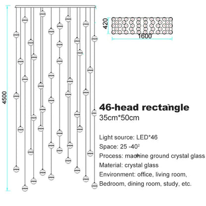 Modern frosted crystal ball chandelier pendant light with 46-head rectangular led and machine-ground crystal beads