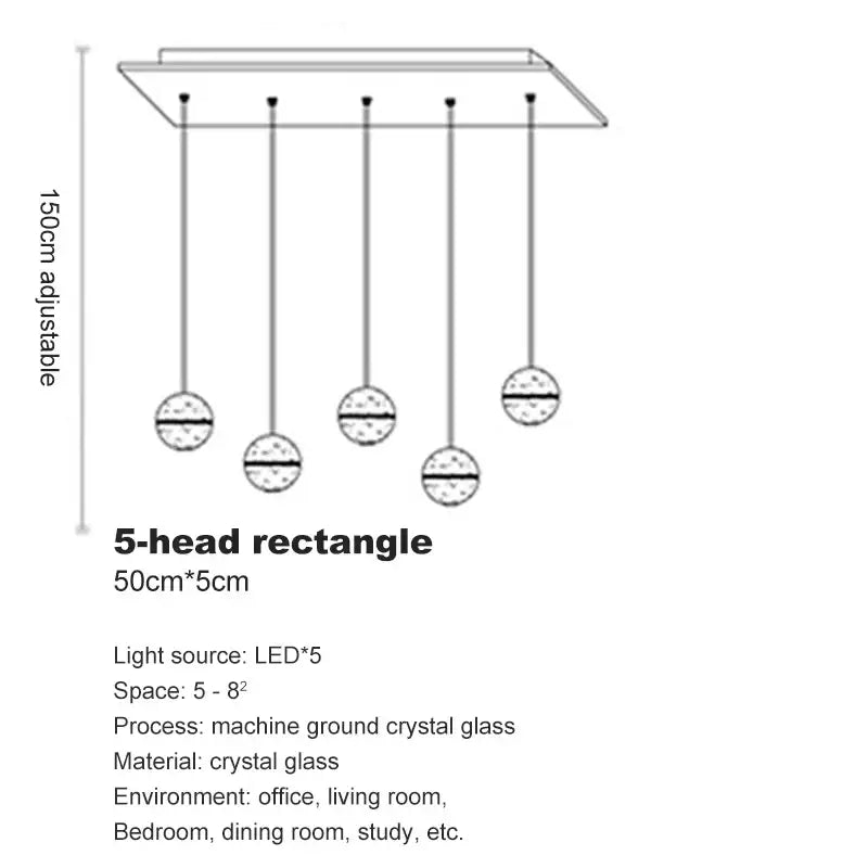 Modern frosted crystal ball chandelier pendant light with five hanging spherical crystal glass globes from metallic frame