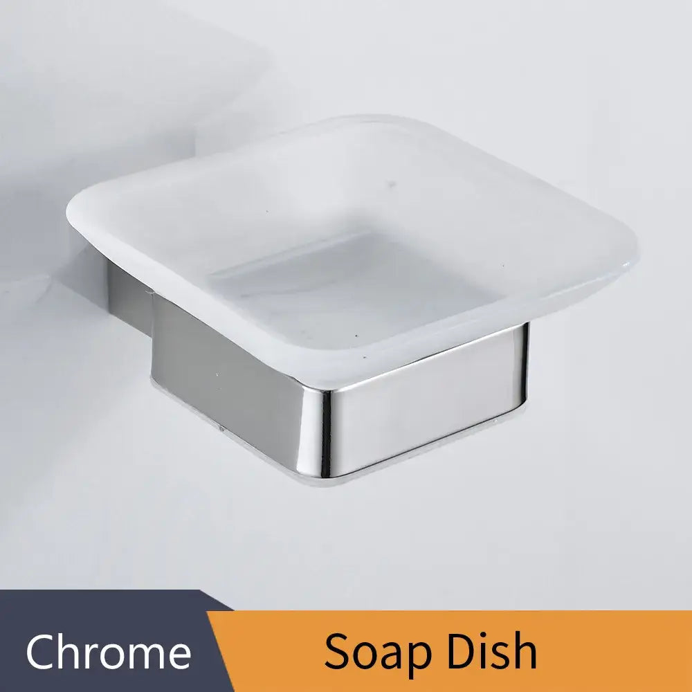 Chrome finished rectangular soap holder with frosted glass top in decorbites black finish wall mount design for bathroom