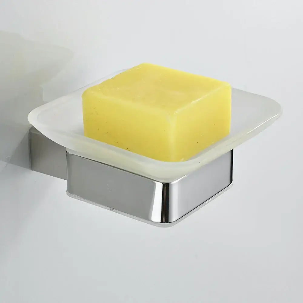 Modern frosted glass soap holder with decorbites black finish wall mount and chrome soap dish holding yellow soap