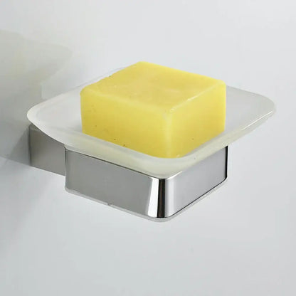 Modern frosted glass soap holder with decorbites black finish wall mount and chrome soap dish holding yellow soap