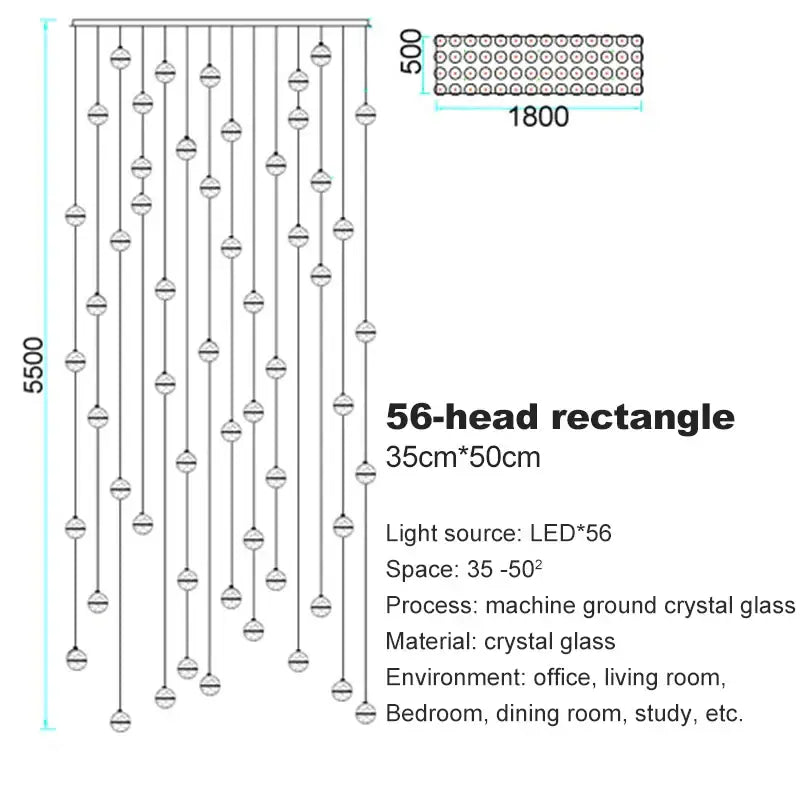 Modern frosted glass 56-head rectangular crystal ceiling chandelier with led lights for staircase decorbites crystal ceiling