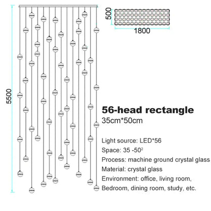 Modern frosted glass 56-head rectangular crystal ceiling chandelier with led lights for staircase decorbites crystal ceiling