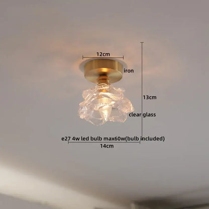 Modern frosted glass led ceiling light with a delicate clear glass crystal pendant and brass iron base for corridors