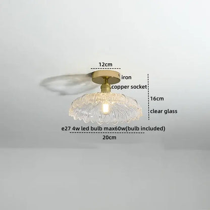 Modern frosted glass led ceiling light with delicate clear fluted design and brass iron mounting hardware for corridors