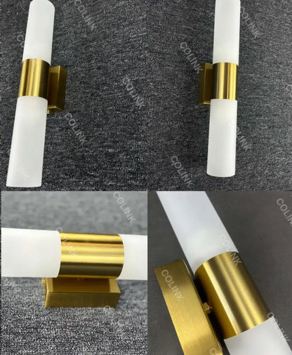 Modern frosted glass led wall lamp with polished brass accents designed as a bedroom wall sconce in gold finish