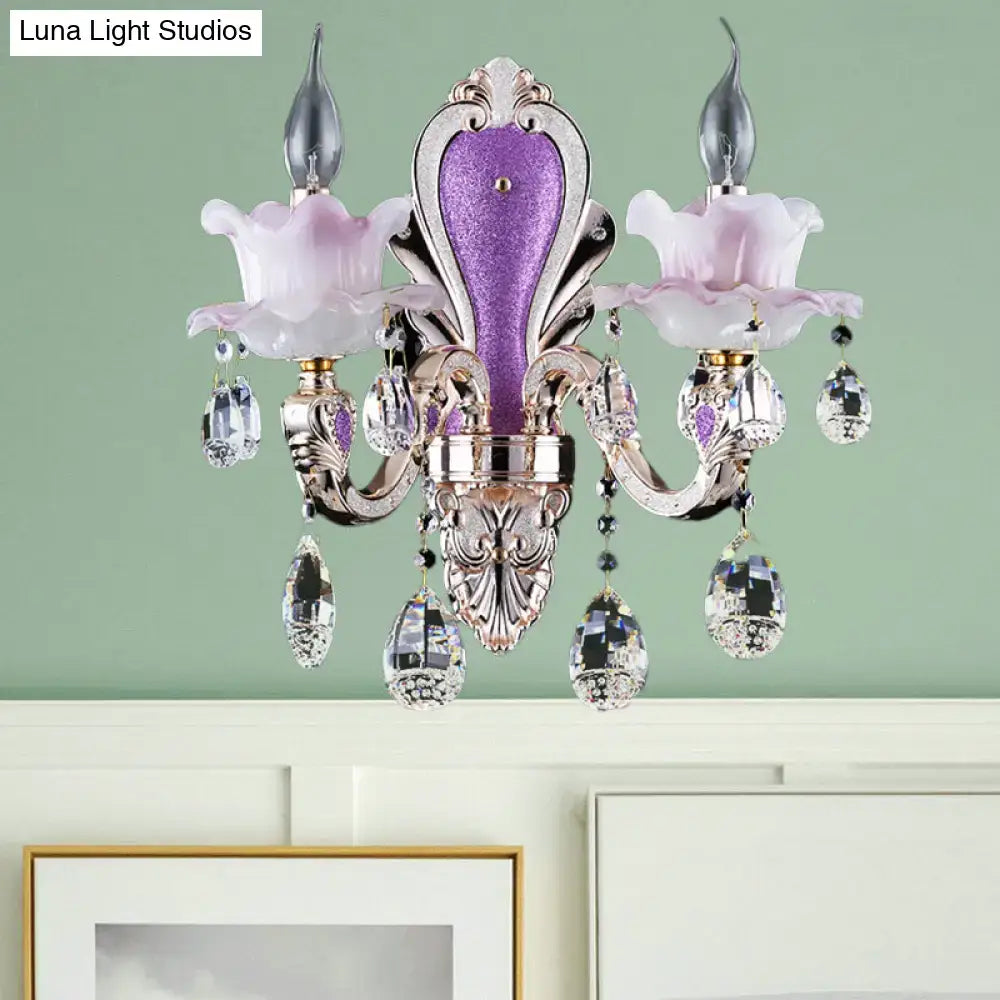 Elegant modern frosted glass purple wall sconce with teardrop crystal droplets and silver floral glass shades for bedroom