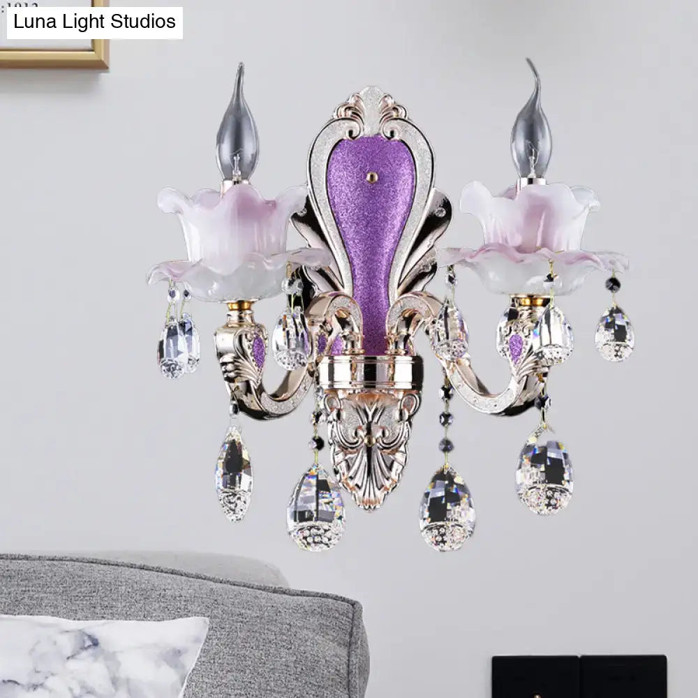 Modern frosted glass purple wall sconce with teardrop crystal droplets and ornate floral glass purple shades for bedroom