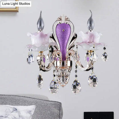 Modern frosted glass purple wall sconce with teardrop crystal droplets and ornate floral glass purple shades for bedroom