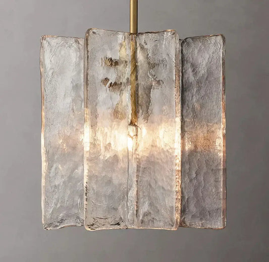 Modern frosted gray glass lattice pendant light with four textured panels suspended by brass rod for dining room decorbites pendant lights