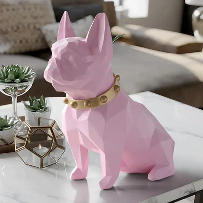 Modern pink geometric decorbites dog statue with gold studded collar for living room decoration