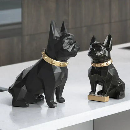 Modern geometric black decorbites dog statue featuring french bulldog figurines with gold collars for living room decor