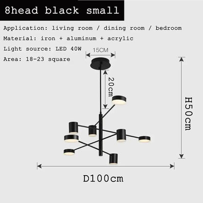Black modern chandelier with eight circular led lights in iron and aluminum for living room decorbites black gold white