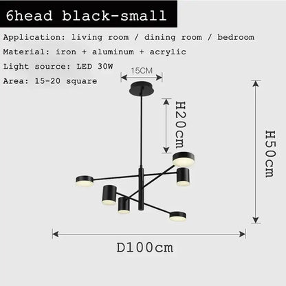 Modern geometric black gold white led chandelier with six heads made of iron aluminum and acrylic for living room decorbites black gold