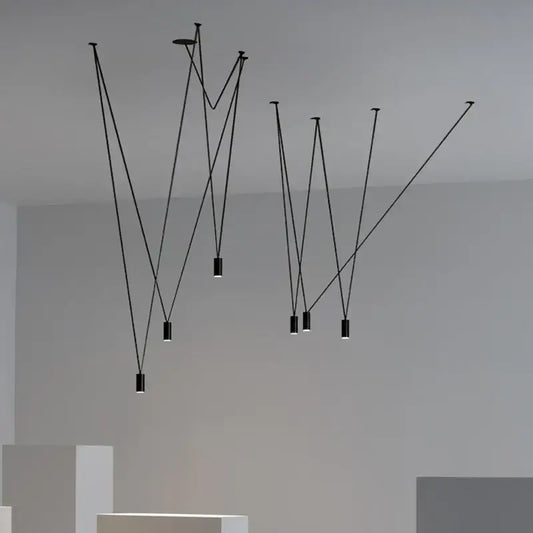 Modern geometric black linear pendant lamp with slender angular cords and cylindrical fixtures for bedroom decorbites geometric black pendant lamp