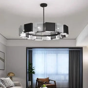 Modern geometric black metal loft led chandelier with clear glass elements for dining room decorbites black metal design