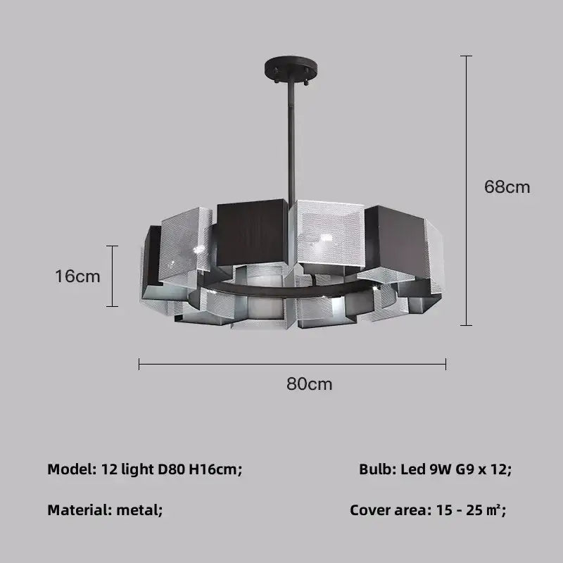 Modern geometric black metal loft led chandelier with translucent mesh panels for dining room decorbites black metal design