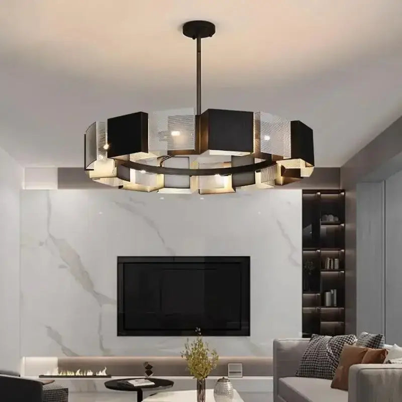 Modern geometric black metal loft led chandelier with frosted glass panels in a circular design for dining room decorbites black metal