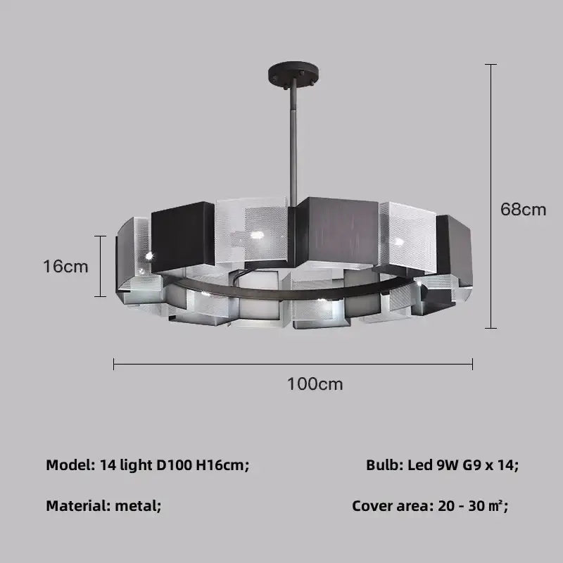 Modern geometric black metal loft led chandelier with 14 leds and translucent glass panels for dining room decorbites black metal