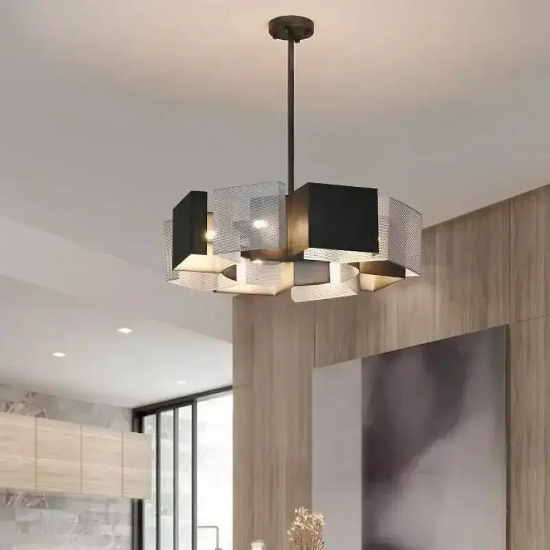 Modern geometric black metal loft led chandelier with metallic mesh cube design for dining room decorbites black metal