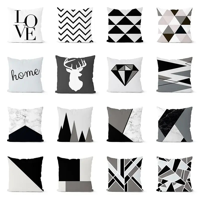 A modern geometric black white pillowcase set featuring minimalist designs with geometric patterns and animal silhouettes for living room decorbites geometric black and white pillowcase set