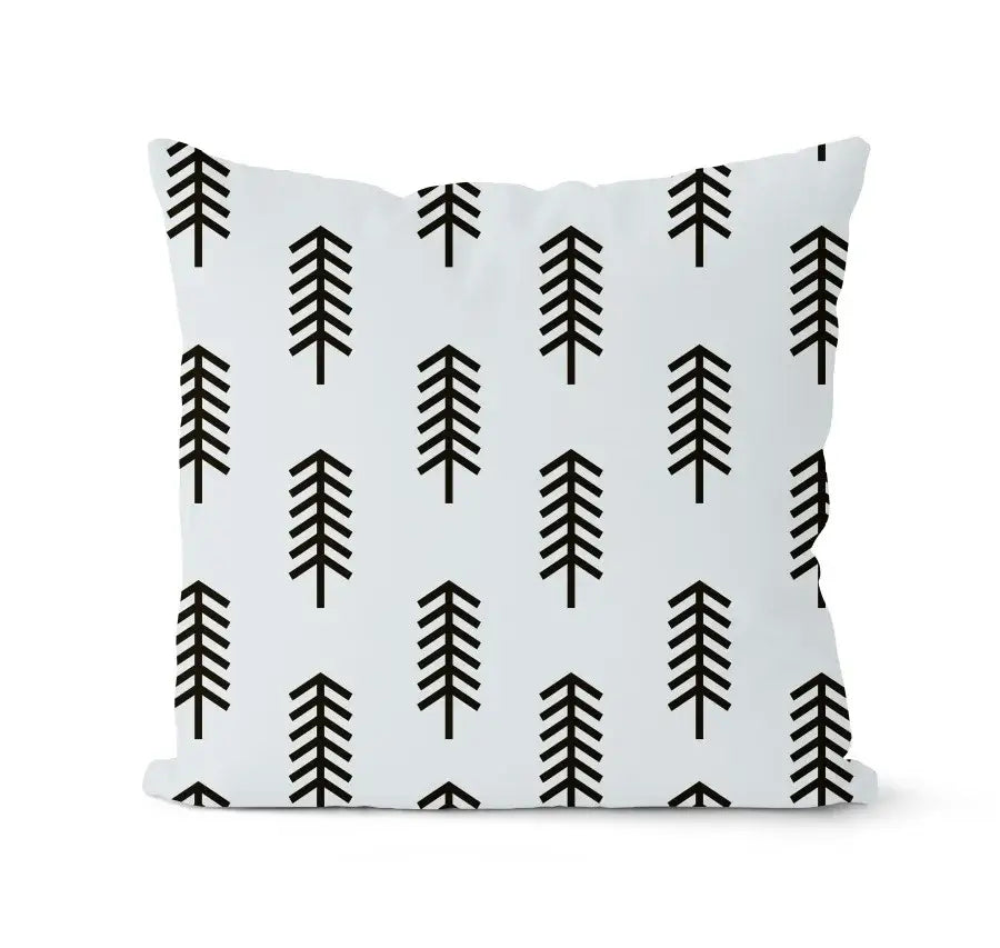 White throw pillow with black stylized pine tree pattern from decorbites geometric black and white pillowcase set