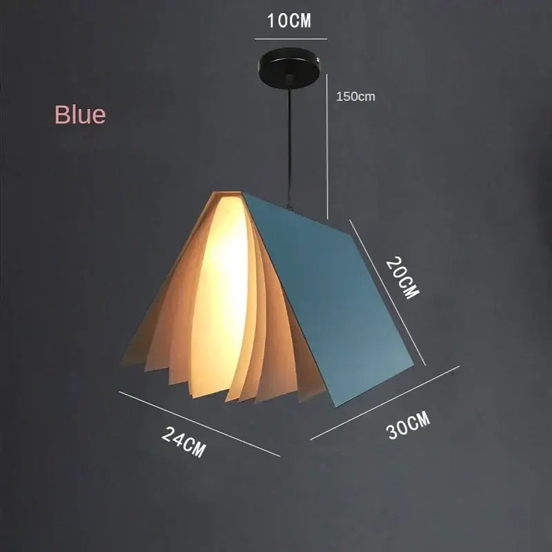 Modern geometric blue and beige book pendant lamp with layered paper-like panels for bedroom lighting decorbites book pendant